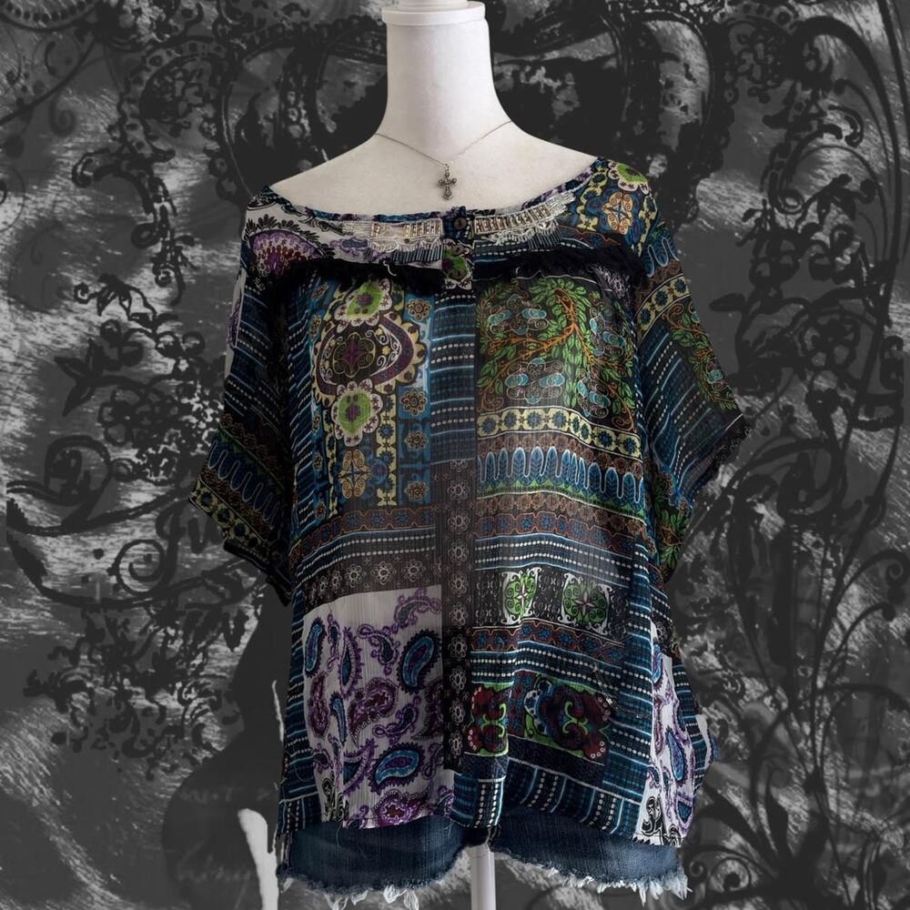eclectic mix patchwork baroque paisley boho grunge whimsical sheer blouse top